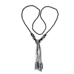 Black Beaded Tassel Necklace – 26" Strand with 7.5" Crystal Fringe Drop